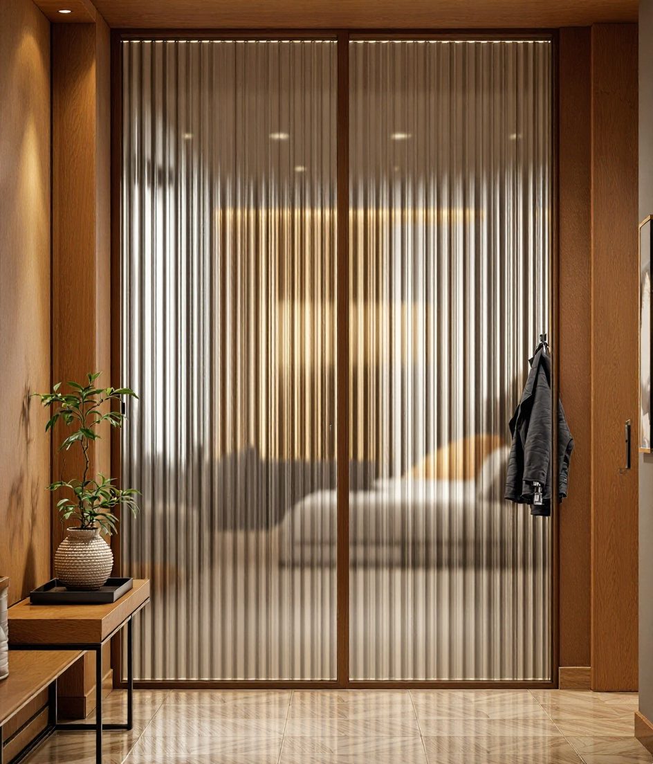 Fluted Glass Entry Divider — Warm Oak
