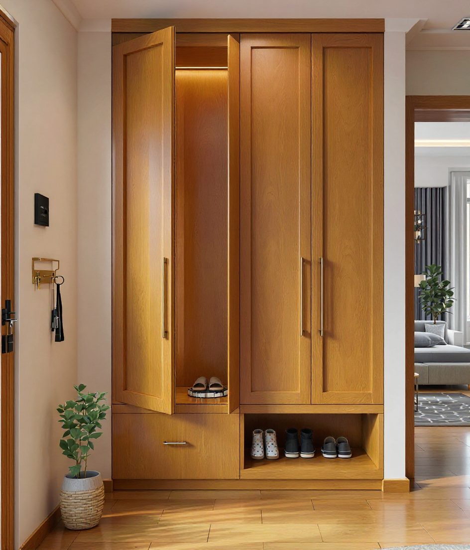 Full-Height Shoe Cabinet Foyer — Warm Oak