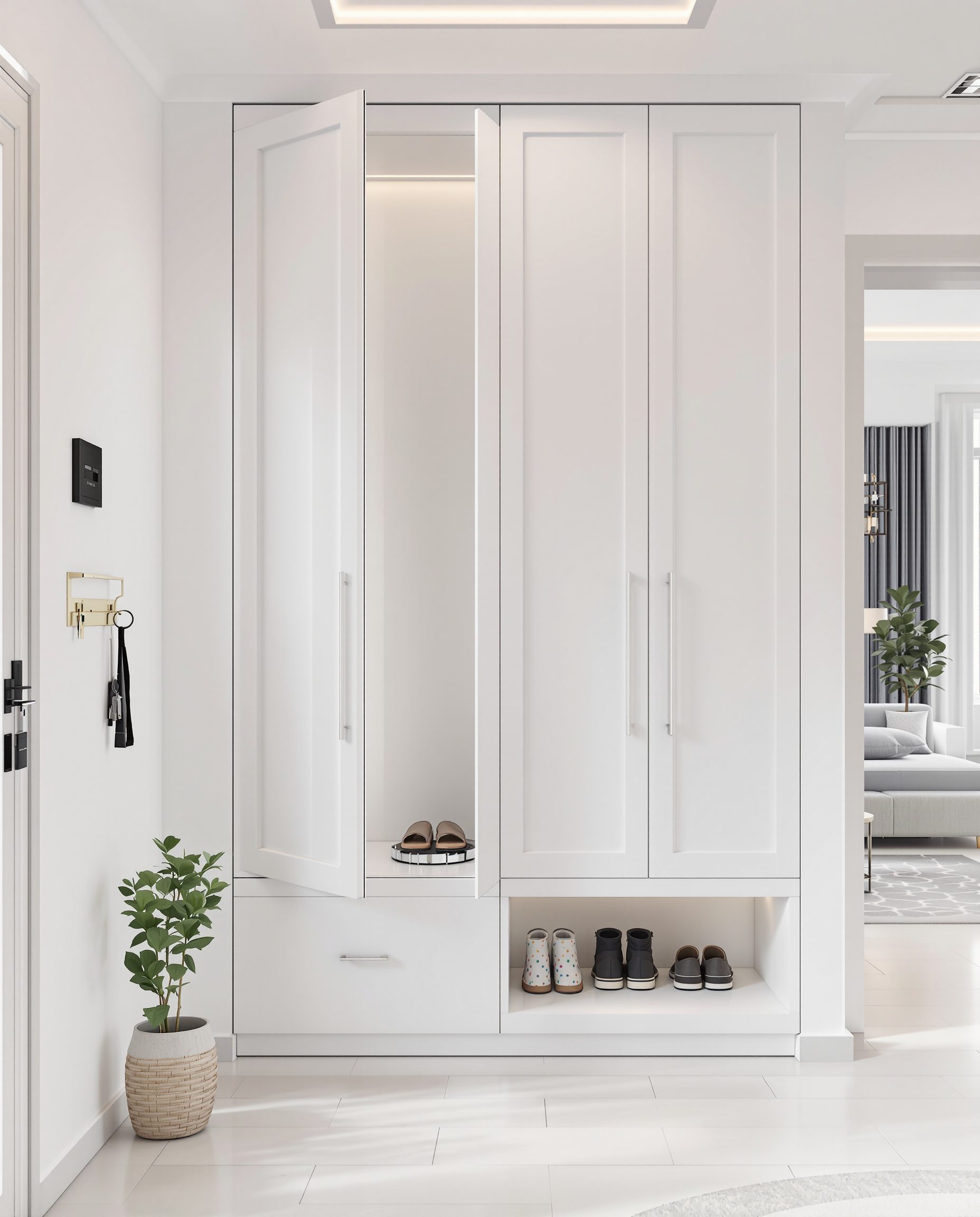 Full-Height Shoe Cabinet Foyer — White Modern