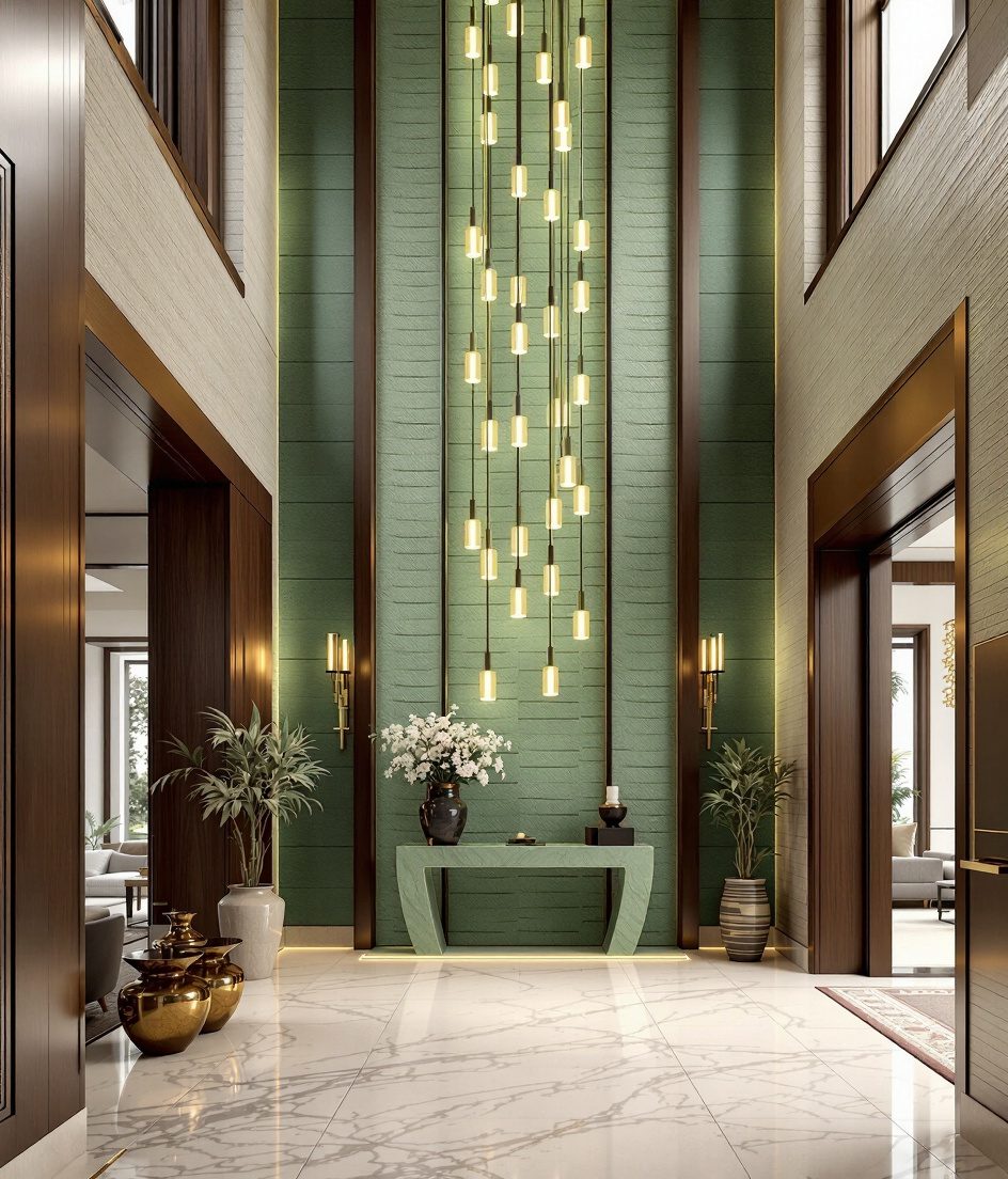 Grand Double-Height Villa Foyer — Sage & Brass