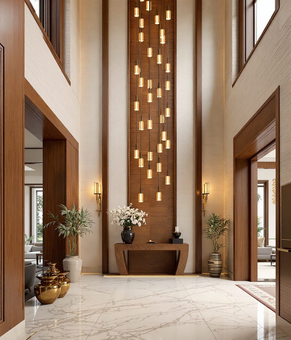 Grand Double-Height Villa Foyer — Warm Oak