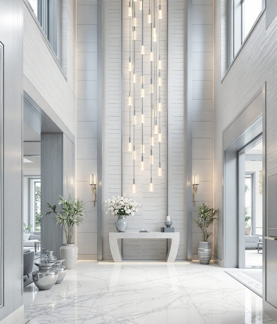 Grand Double-Height Villa Foyer — White Modern