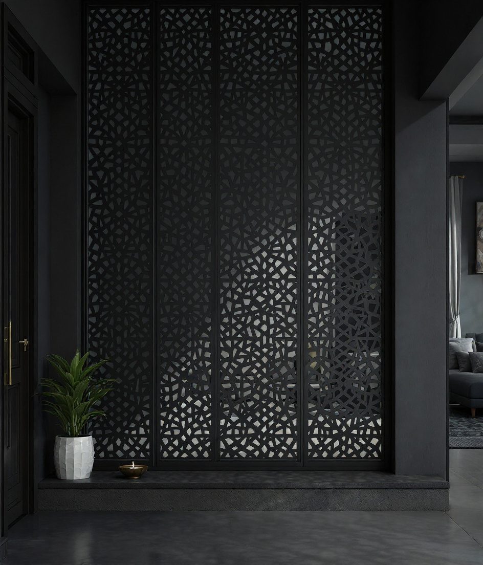 Jali Screen Foyer Partition — Charcoal Minimal