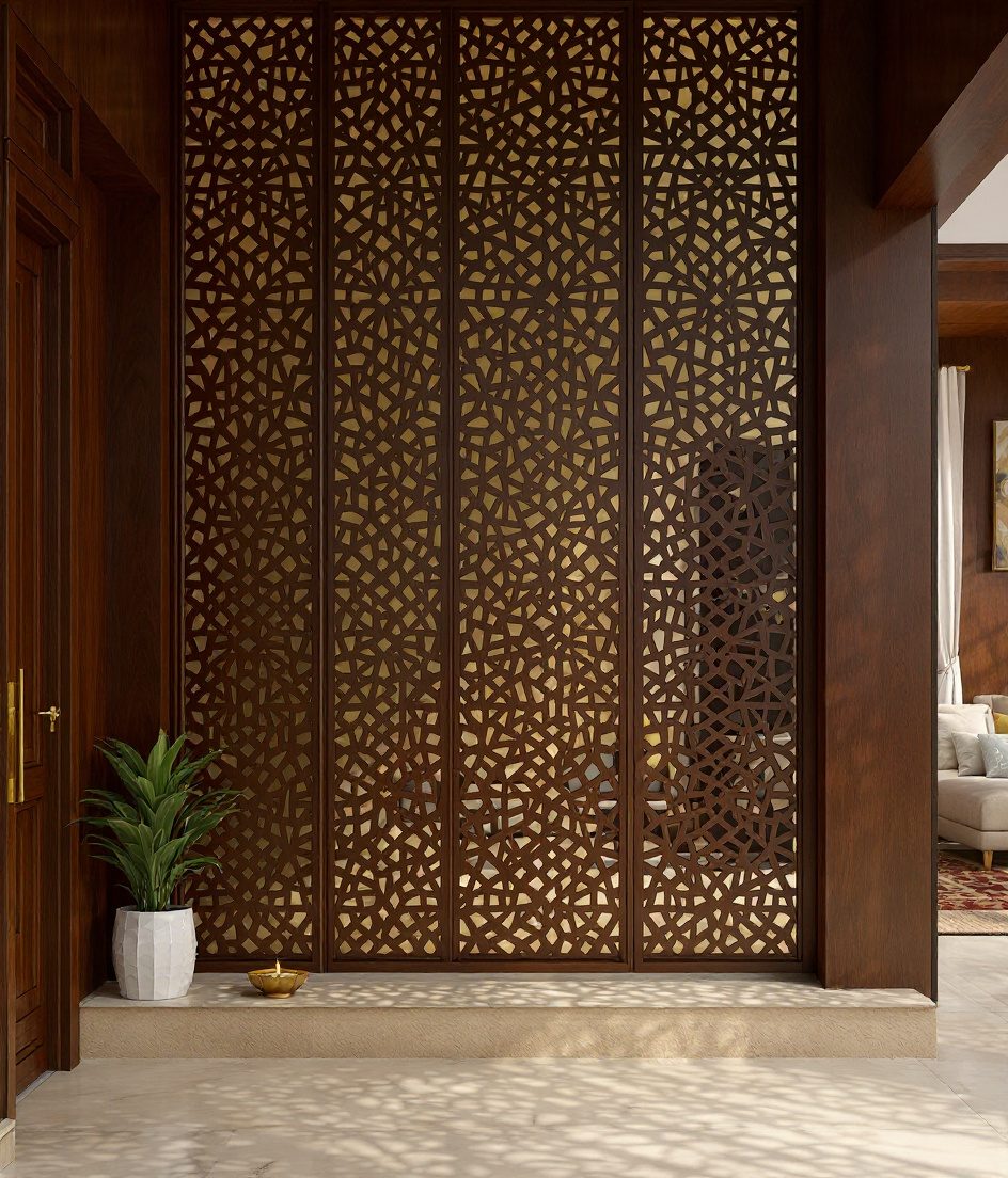 Jali Screen Foyer Partition — Walnut Classic
