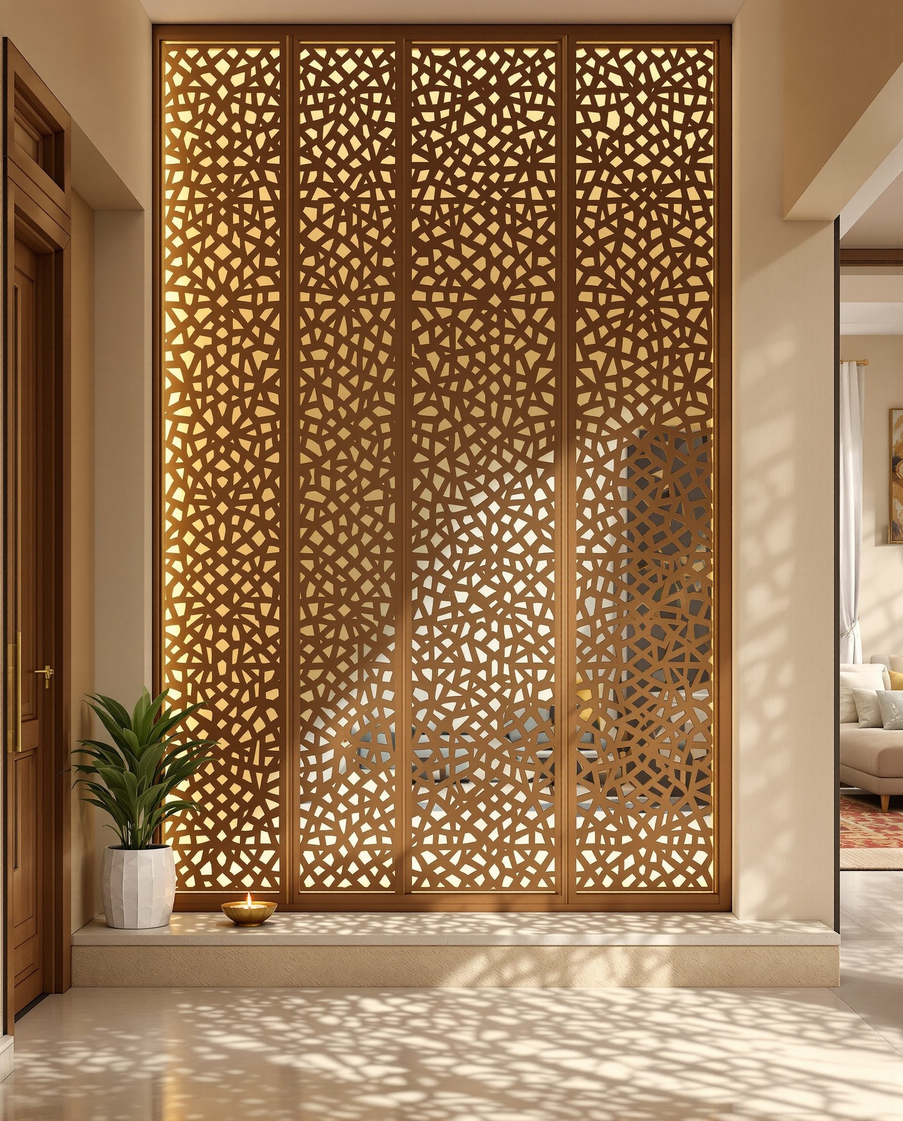 Jali Screen Foyer Partition — Warm Oak