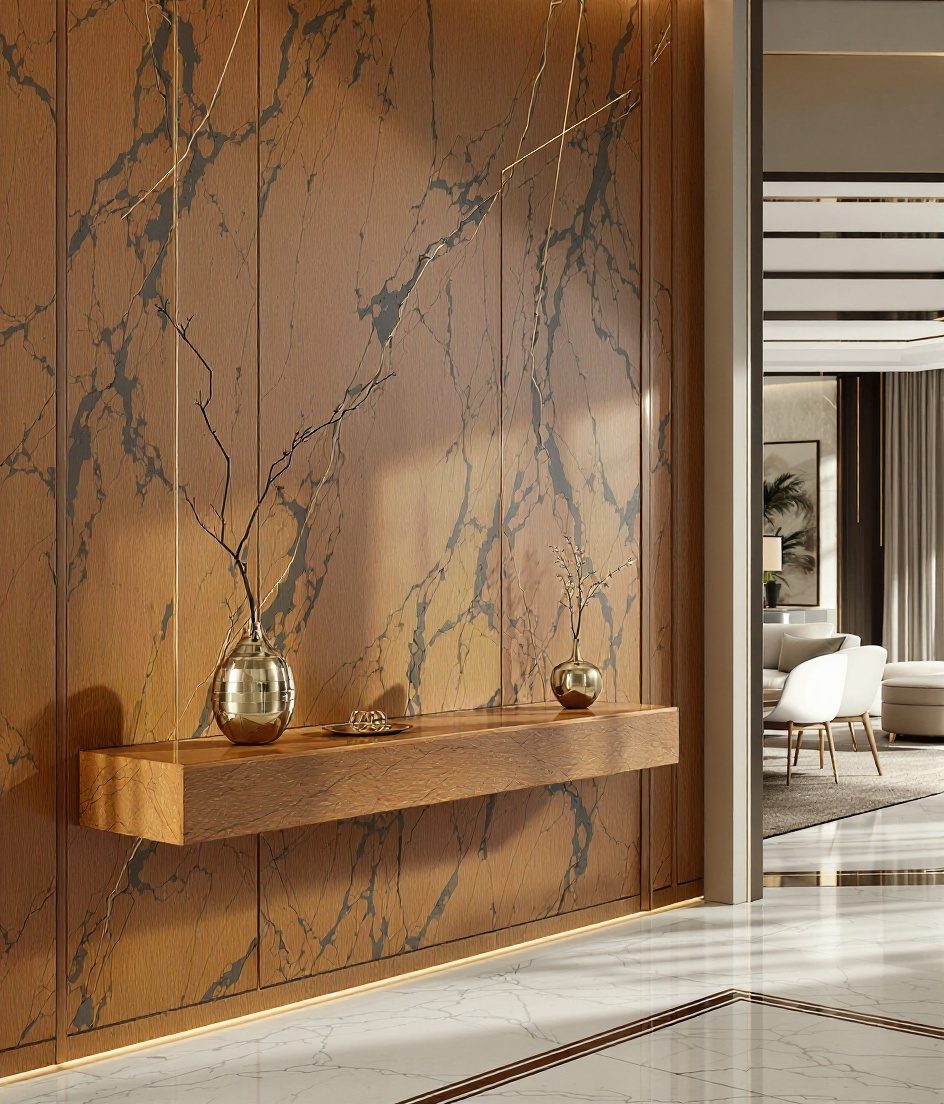 Marble And Brass Luxe Entry — Warm Oak