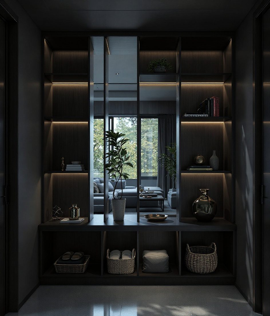 Open-Shelf Room Divider Foyer — Charcoal Minimal