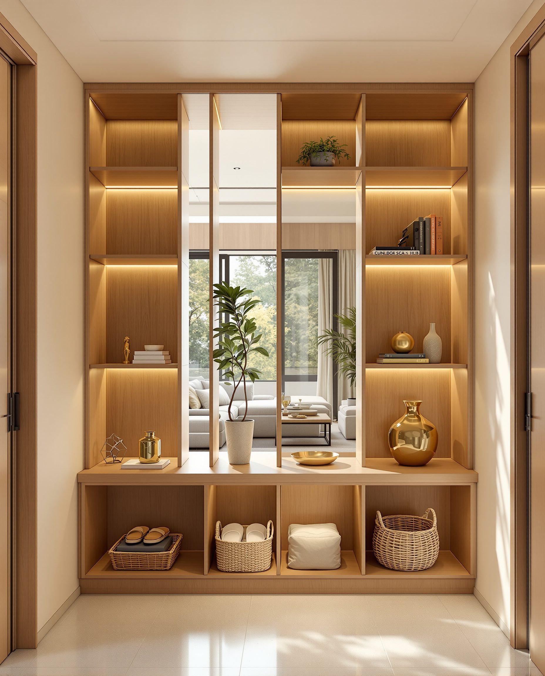 Open-Shelf Room Divider Foyer — Warm Oak