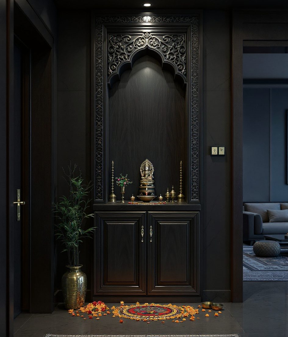 Pooja Niche With Shoe Storage — Charcoal Minimal