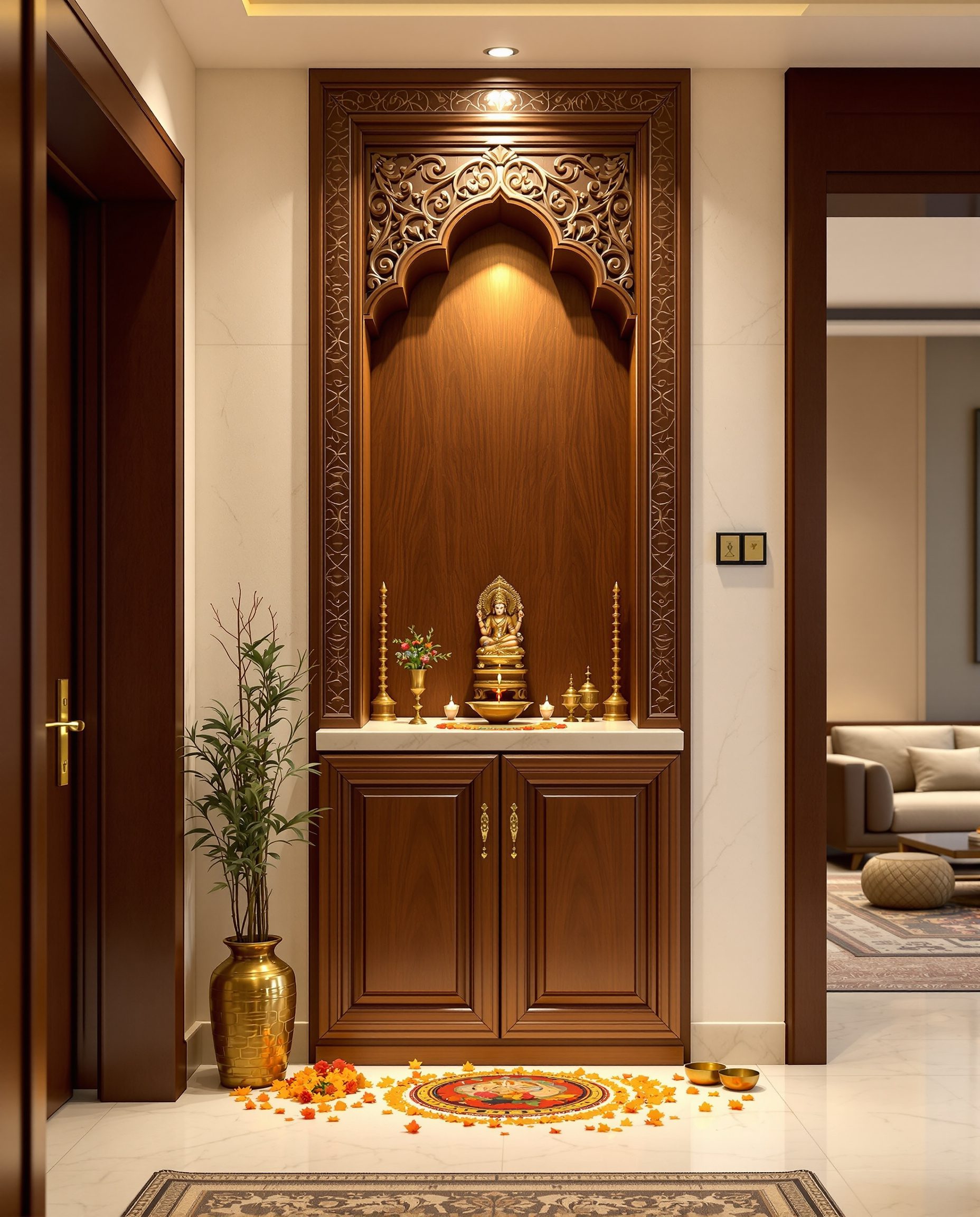 Pooja Niche With Shoe Storage — Walnut Classic