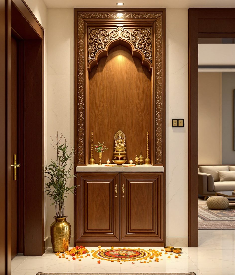 Pooja Niche With Shoe Storage — Warm Oak