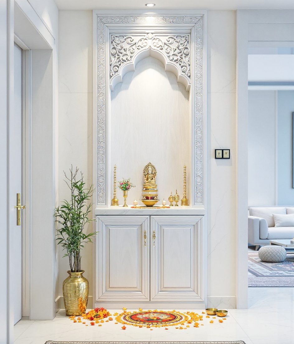 Pooja Niche With Shoe Storage — White Modern