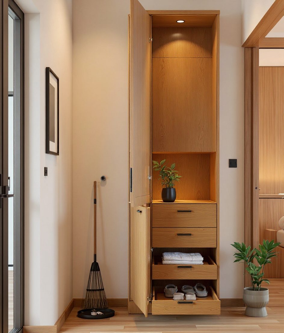 Tall Utility Cabinet Entry — Warm Oak