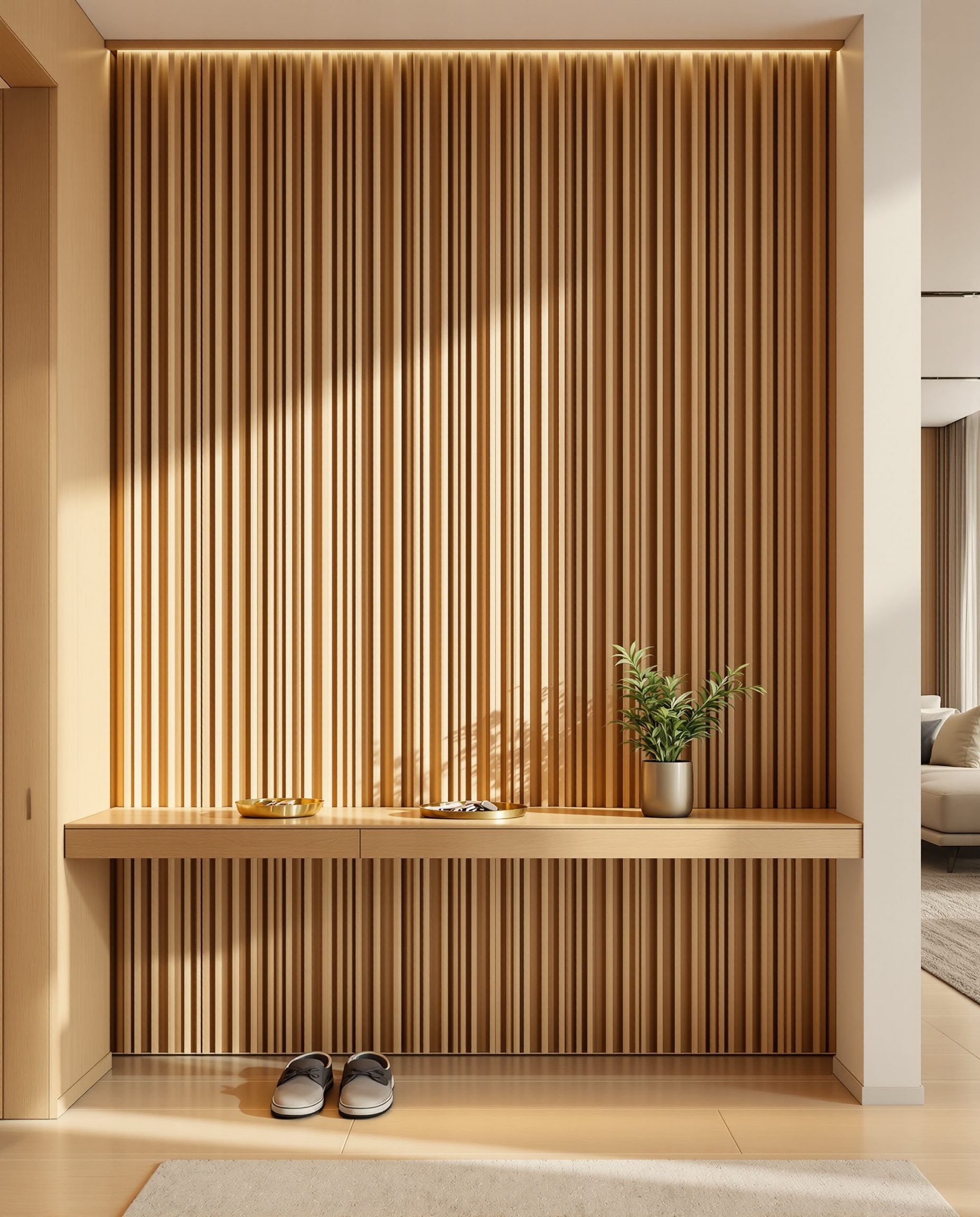 Textured Feature Wall Entry — Warm Oak
