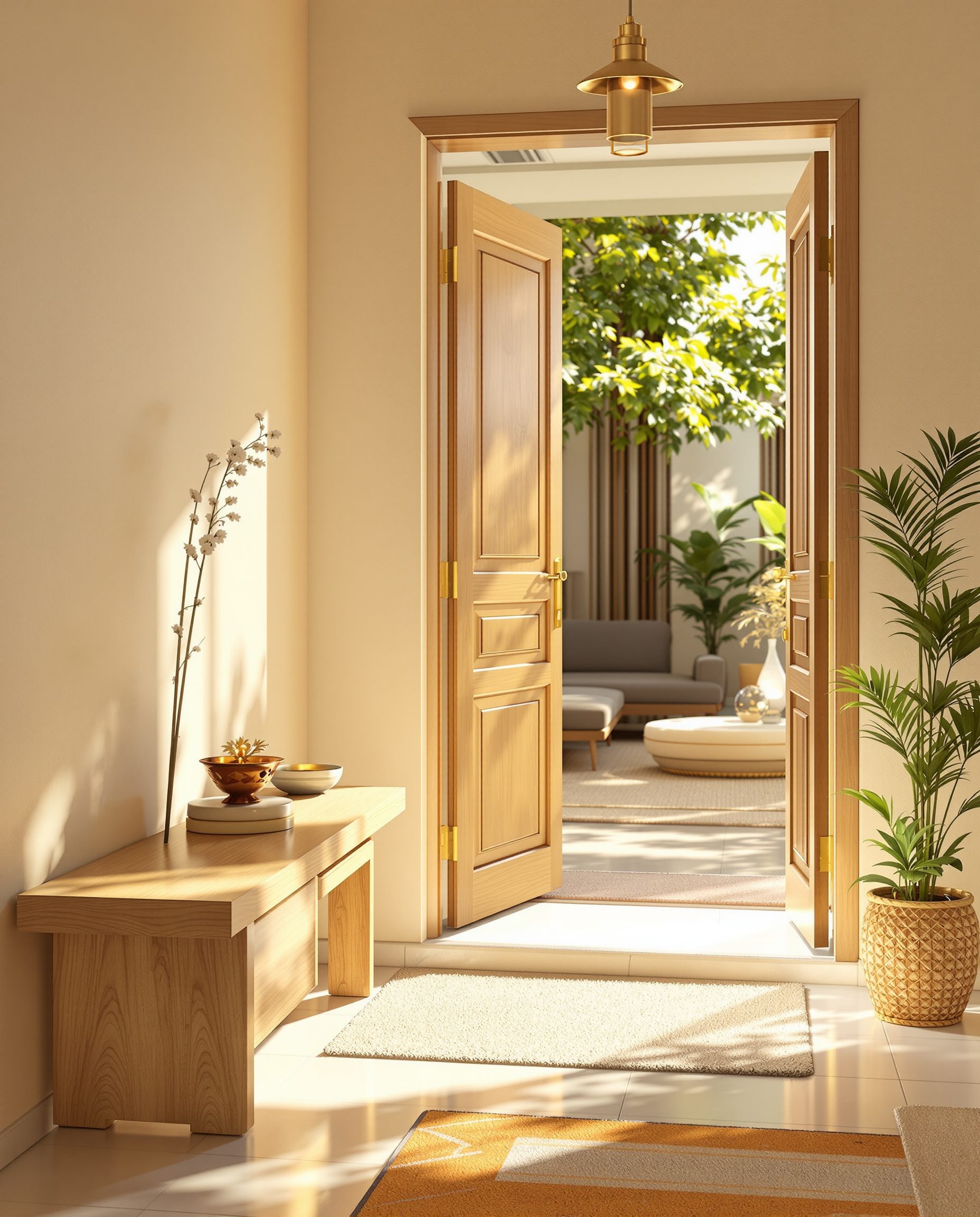 Vastu East-Entry Buffer — Warm Oak