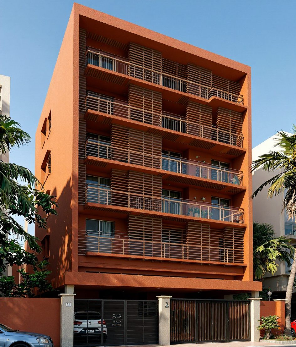 Chennai Apartment Facade — Walnut Classic