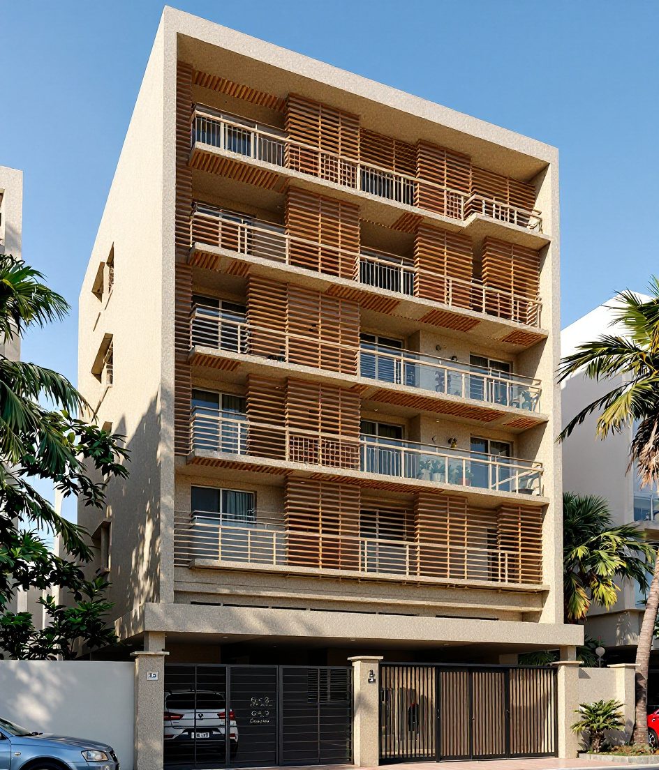 Chennai Apartment Facade — Warm Oak