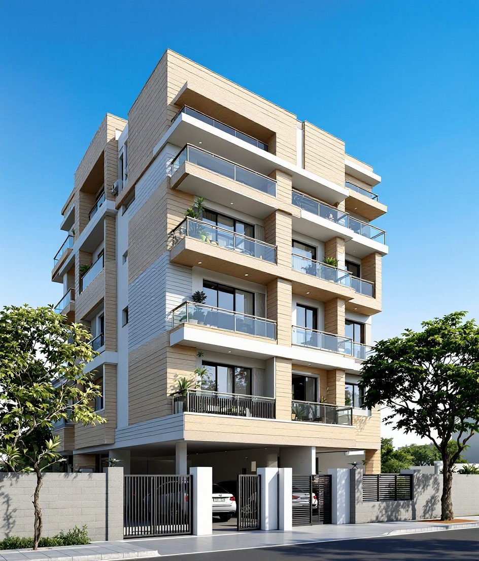 Pune Apartment Block Facade — Warm Oak