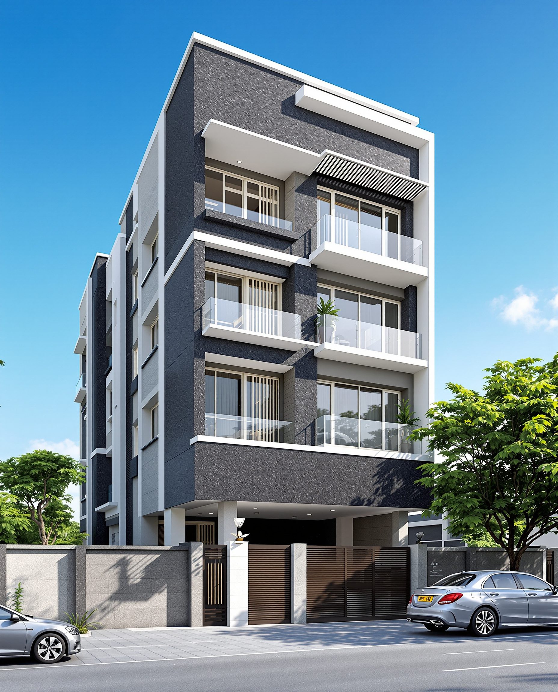 Hyderabad Apartment Facade — Charcoal Minimal