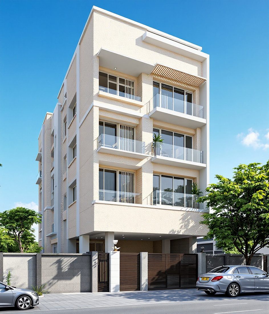 Hyderabad Apartment Facade — Warm Oak