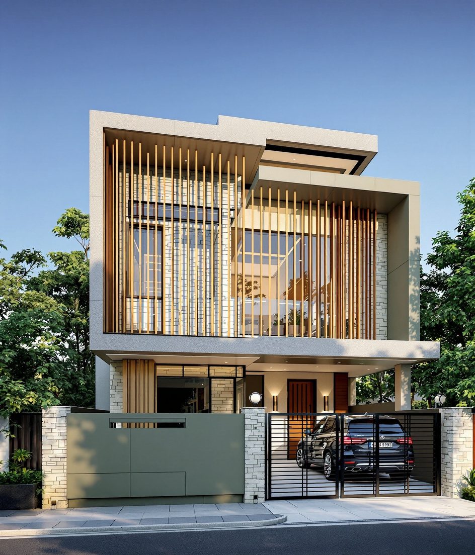 Pune Stone-and-Glass Villa — Warm Oak