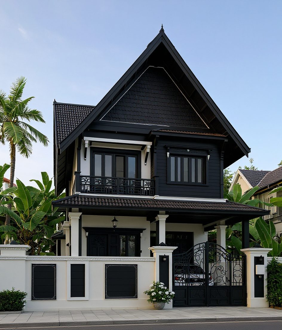 Kerala Sloped-Roof House — Charcoal Minimal