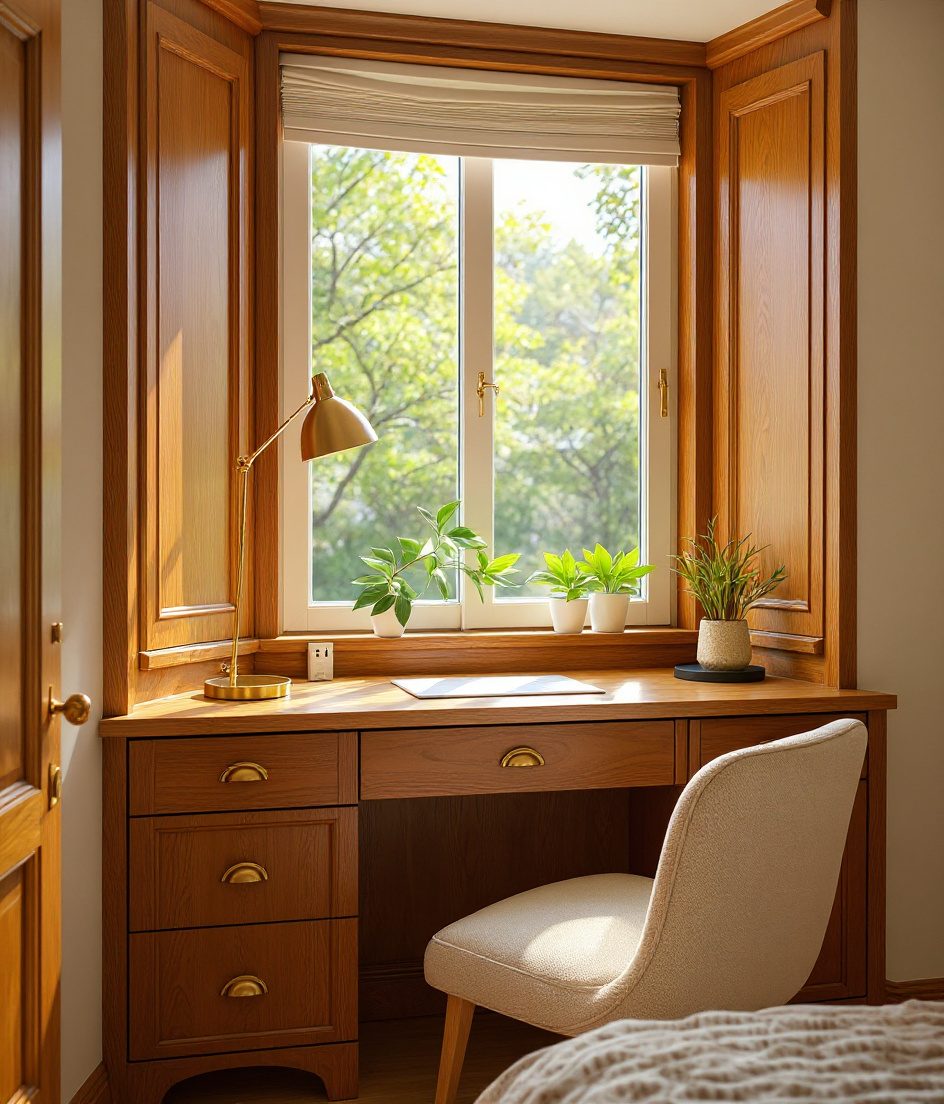 Bedroom Bay Window Study Nook — Warm Oak
