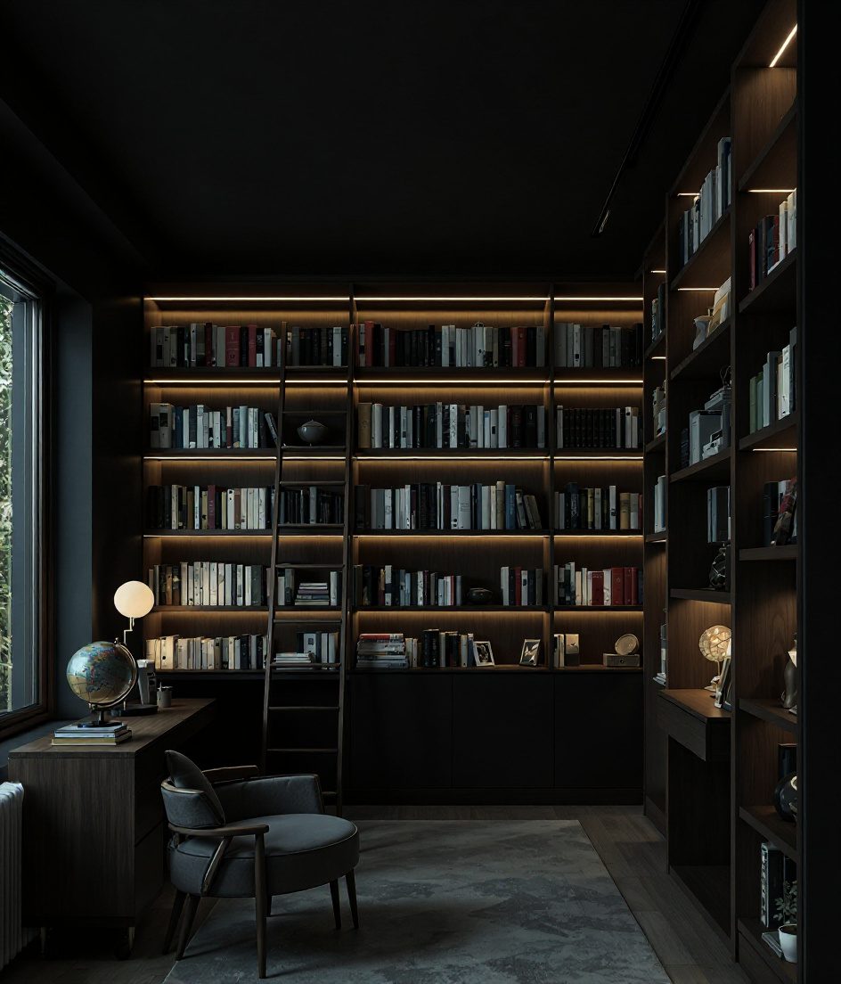 Floor To Ceiling Home Library — Charcoal Minimal