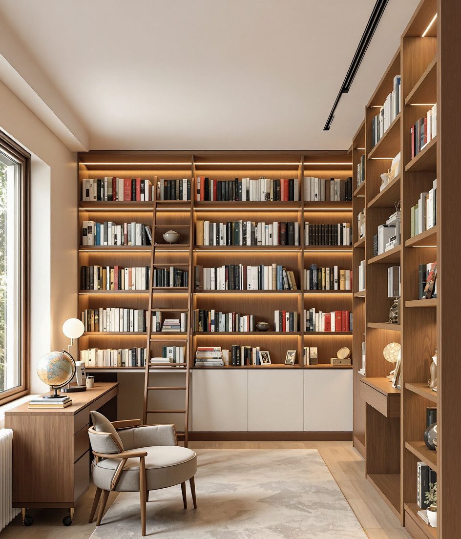 Floor To Ceiling Home Library — Warm Oak