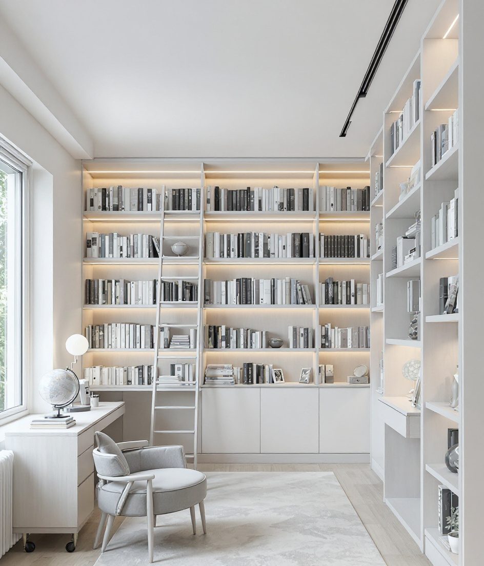 Floor To Ceiling Home Library — White Modern