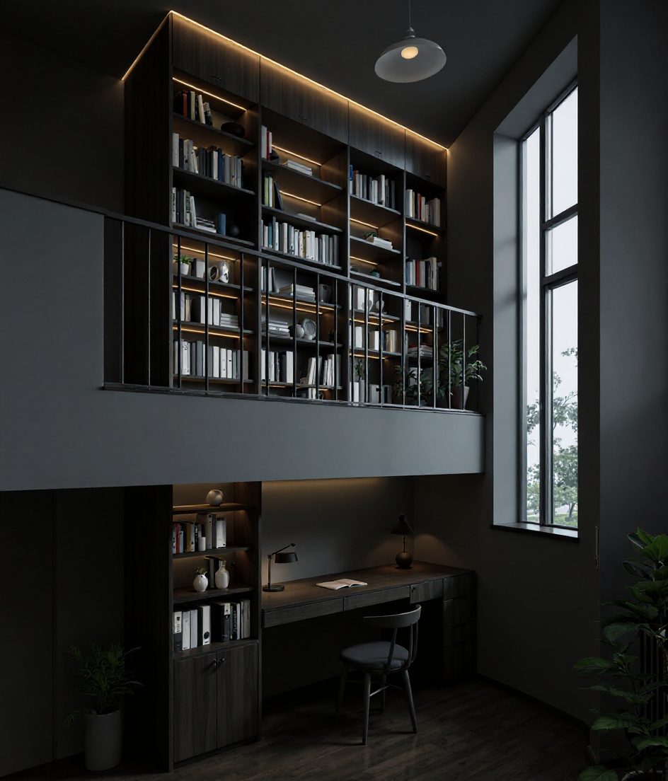 Loft Mezzanine Library Study — Charcoal Minimal