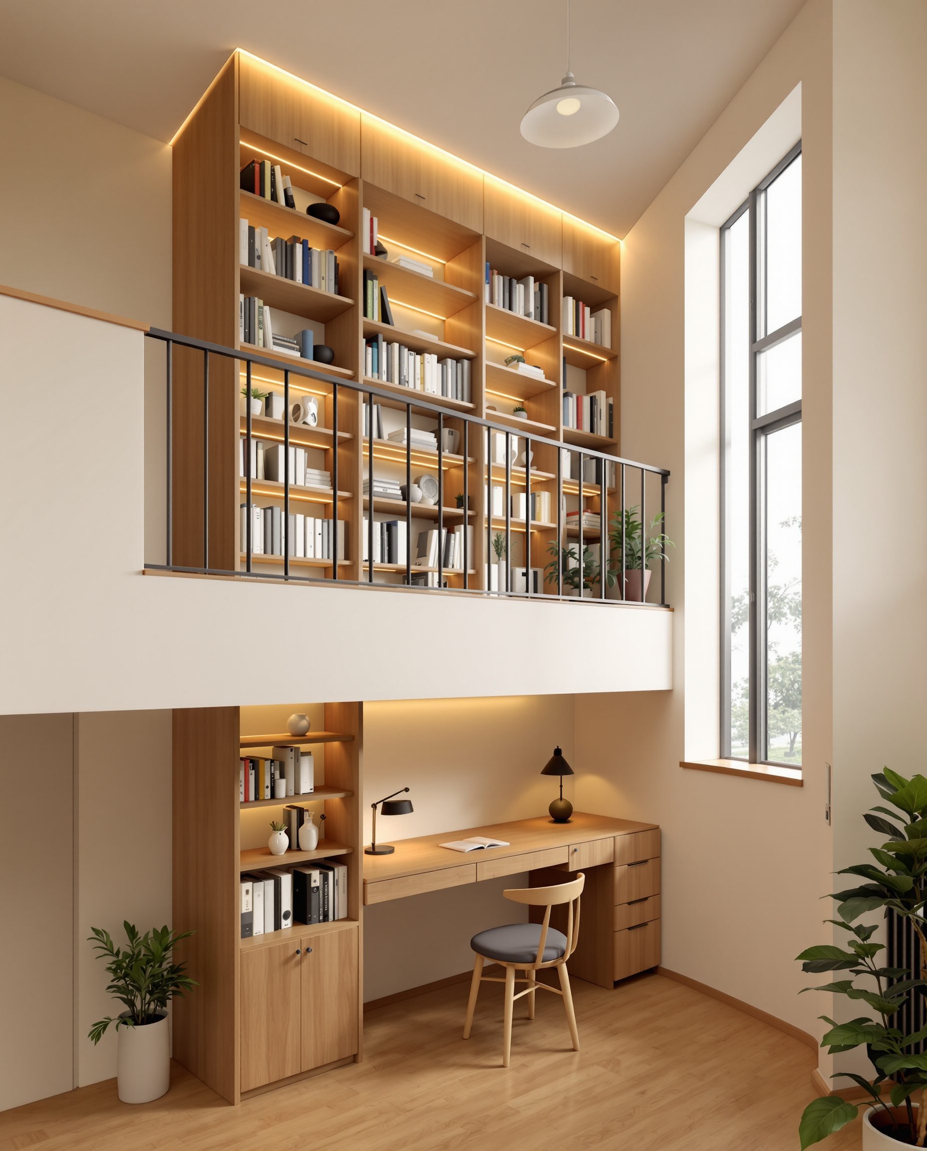 Loft Mezzanine Library Study — Warm Oak