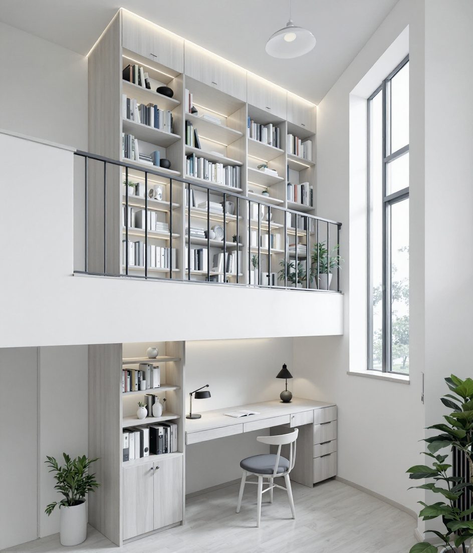 Loft Mezzanine Library Study — White Modern