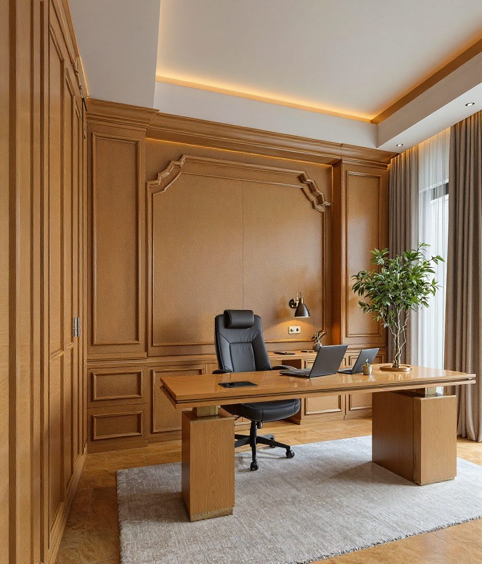 Panelled Executive Video Office — Warm Oak