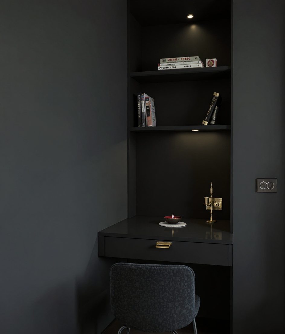 Puja Adjacent Quiet Study — Charcoal Minimal