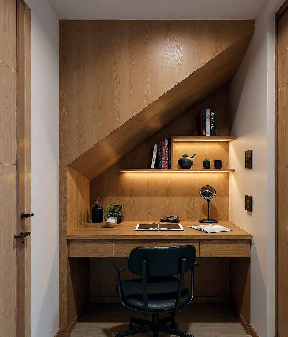 Under-Stair Tucked Work Nook — Warm Oak