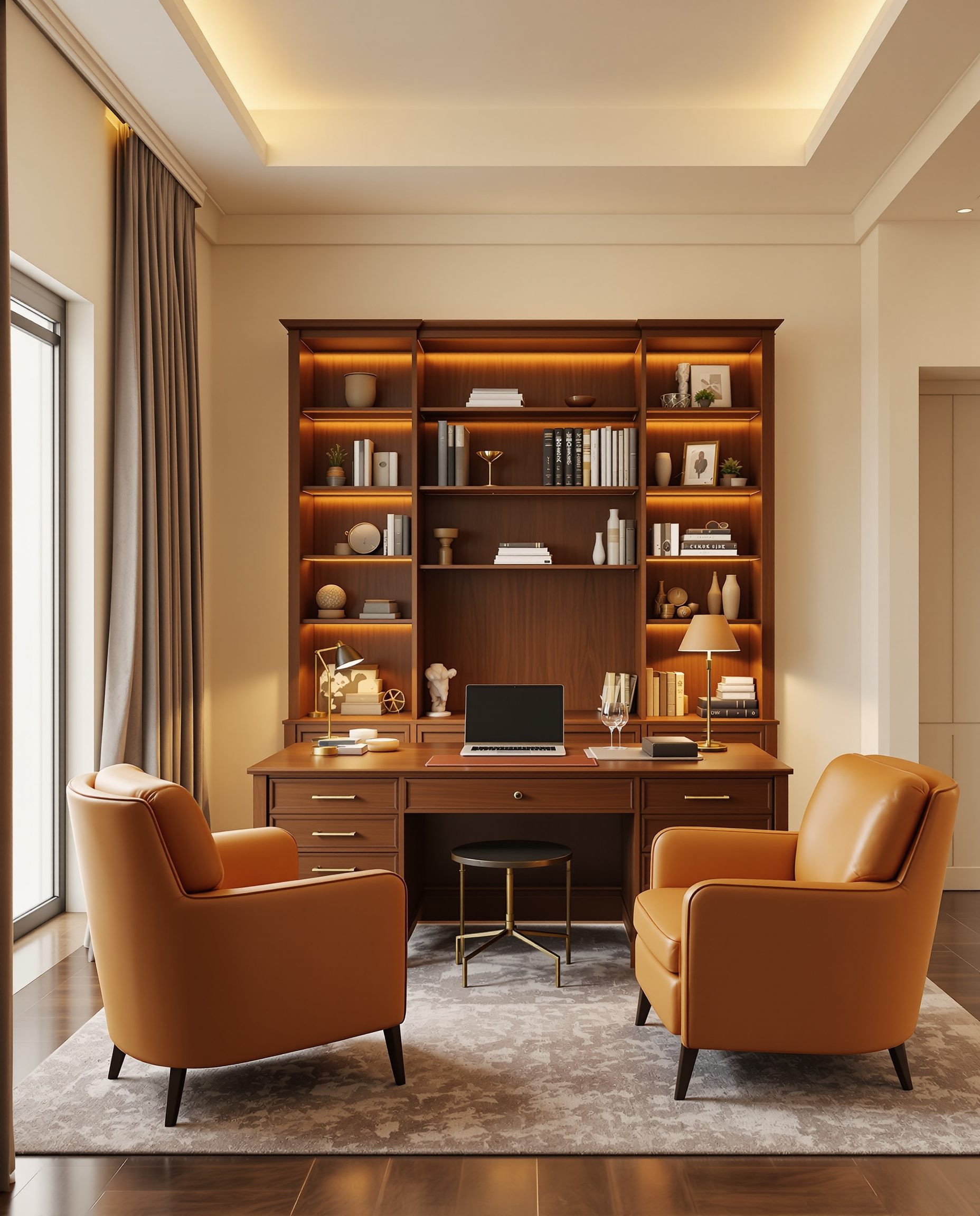 Warm Executive Study With Armchairs — Walnut Classic