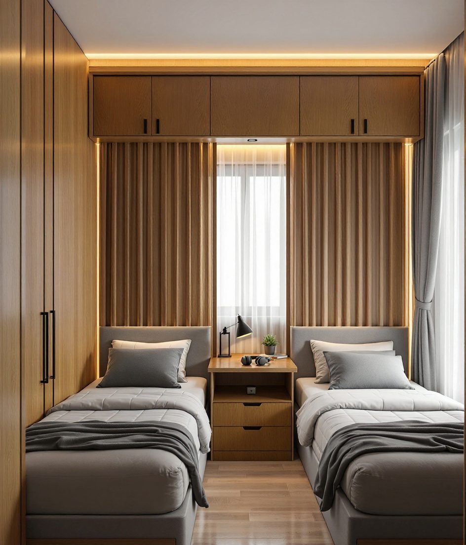 Charcoal-Minimal Shared Teen Room — Warm Oak