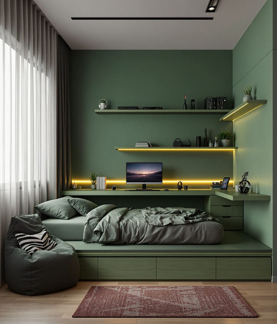 Charcoal-Minimal Teen Hangout Room — Sage & Brass