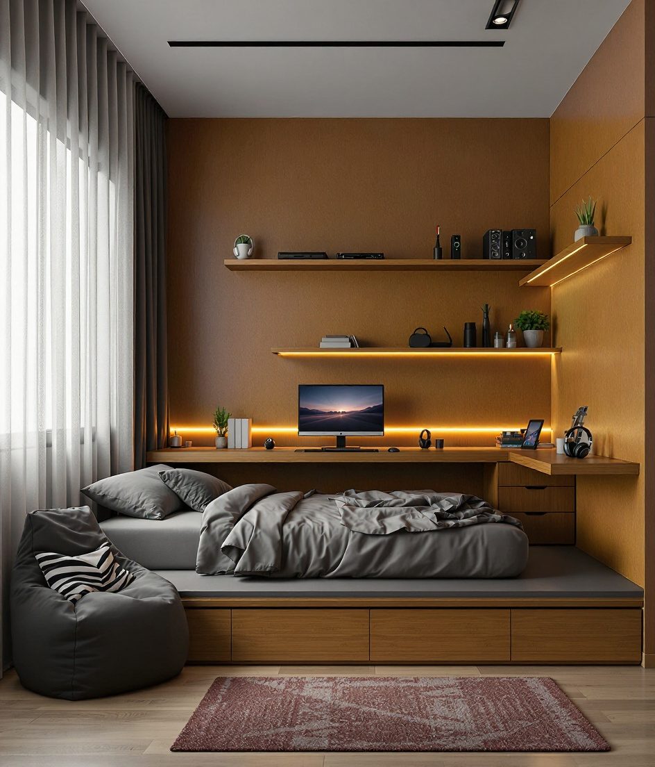 Charcoal-Minimal Teen Hangout Room — Warm Oak
