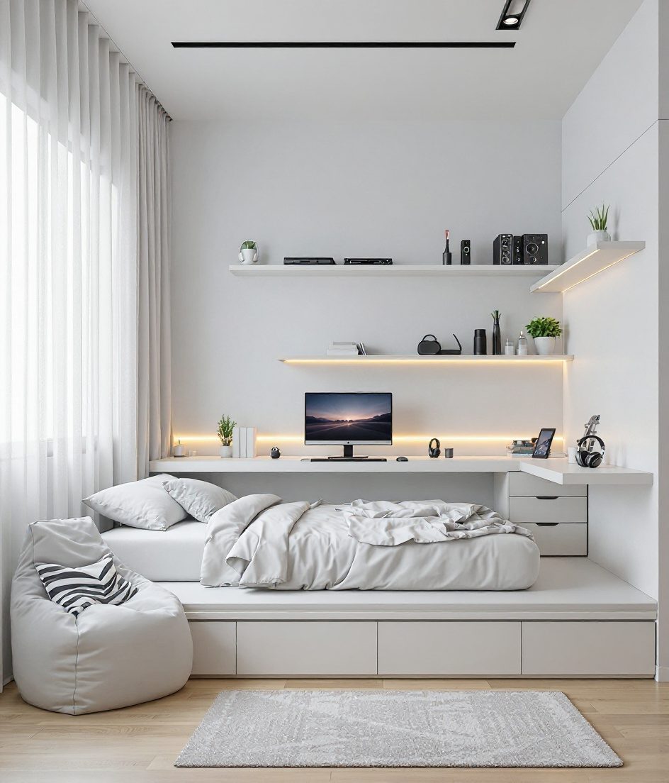 Charcoal-Minimal Teen Hangout Room — White Modern