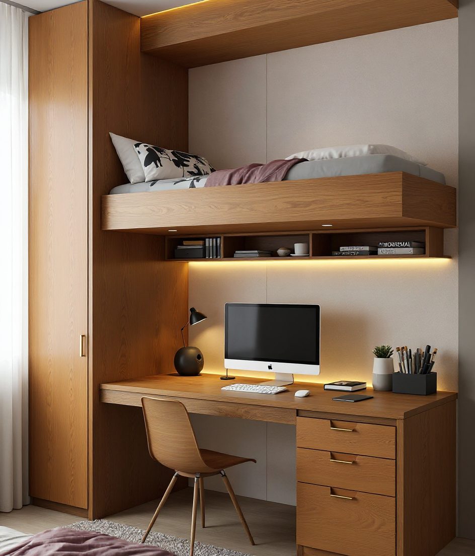 Charcoal-Minimal Teen Study Bed — Warm Oak