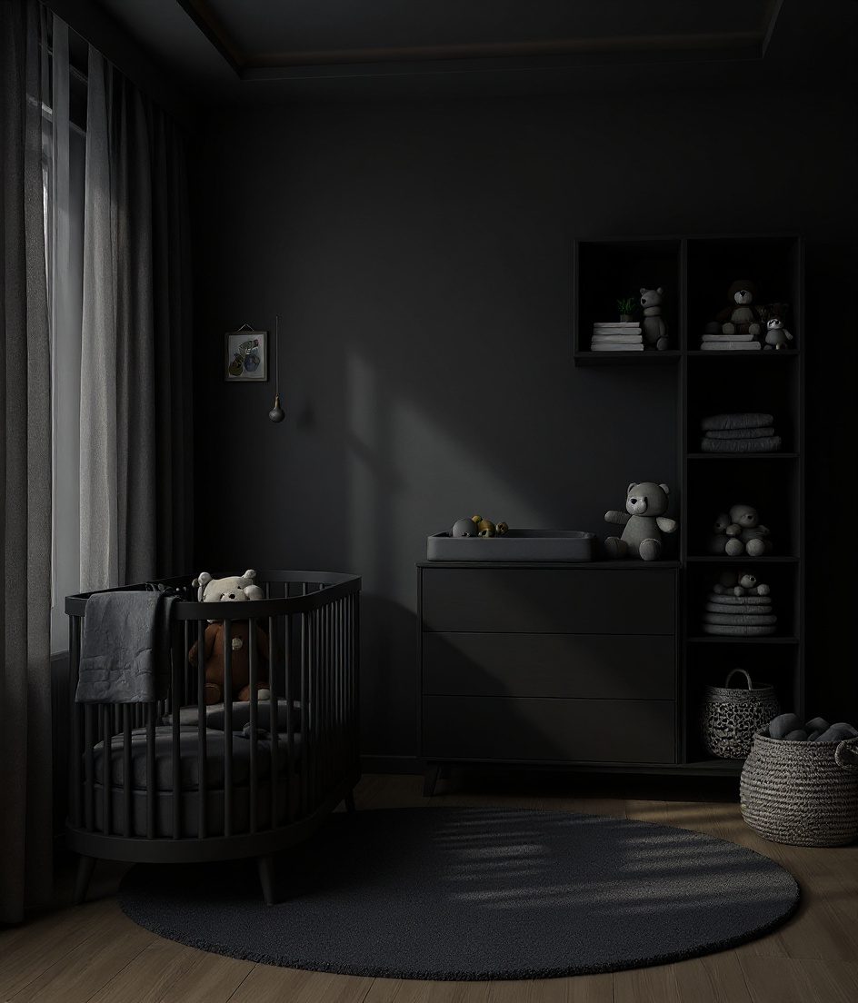 Honey-Oak Nursery Crib Corner — Charcoal Minimal