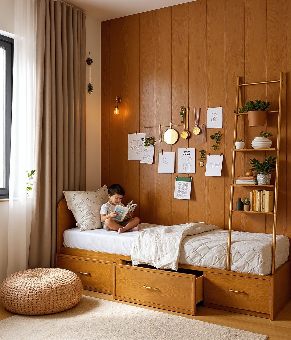 Sage-Brass Explorer Kids Room — Warm Oak