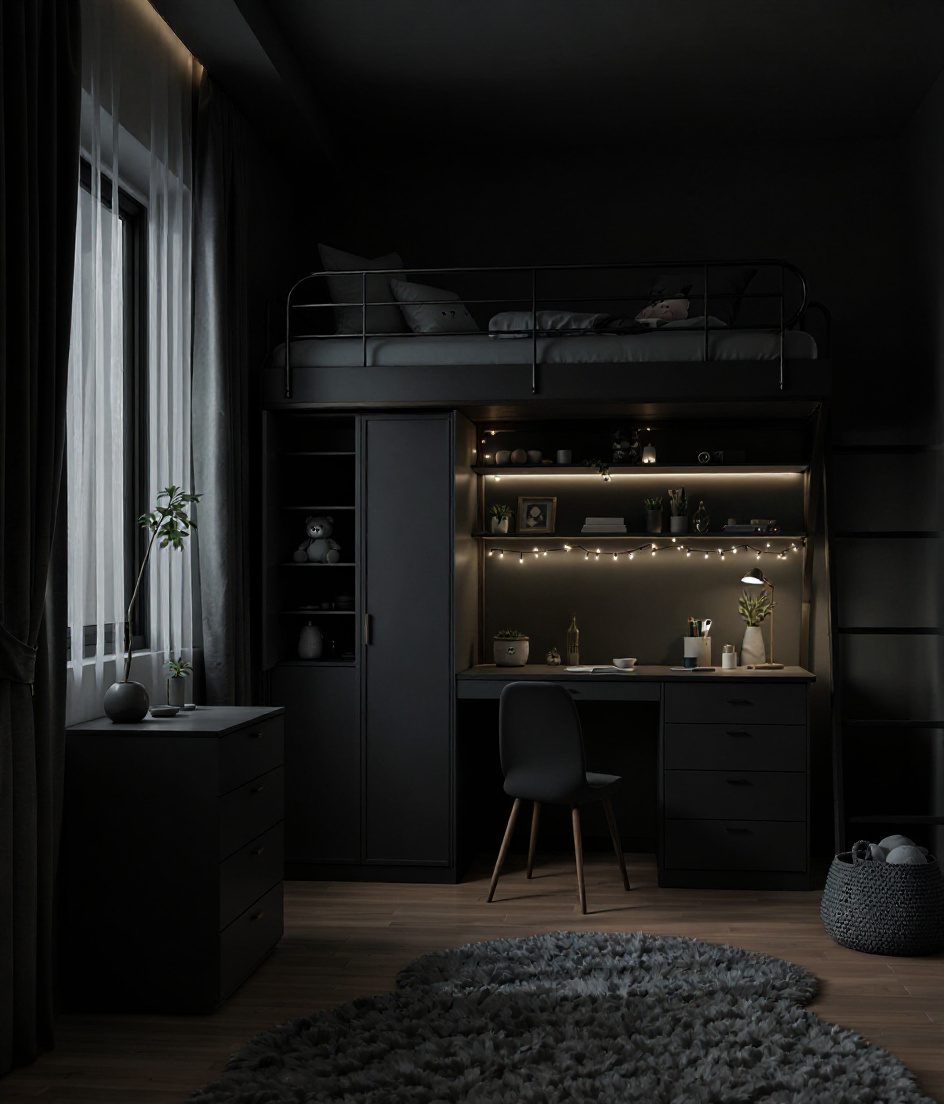 Sage-Brass Girls Study Bed — Charcoal Minimal