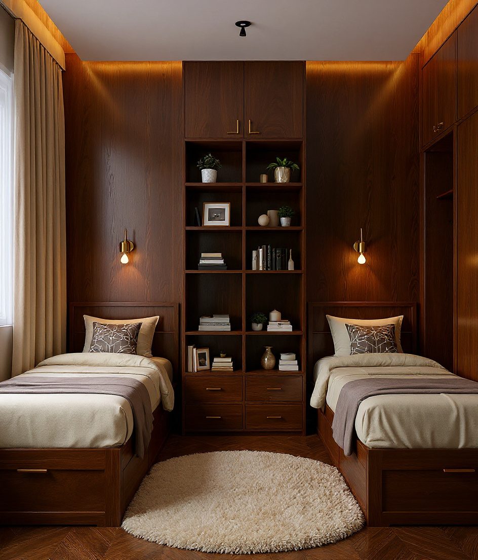 Sage-Brass Twin-Bed Shared Room — Walnut Classic