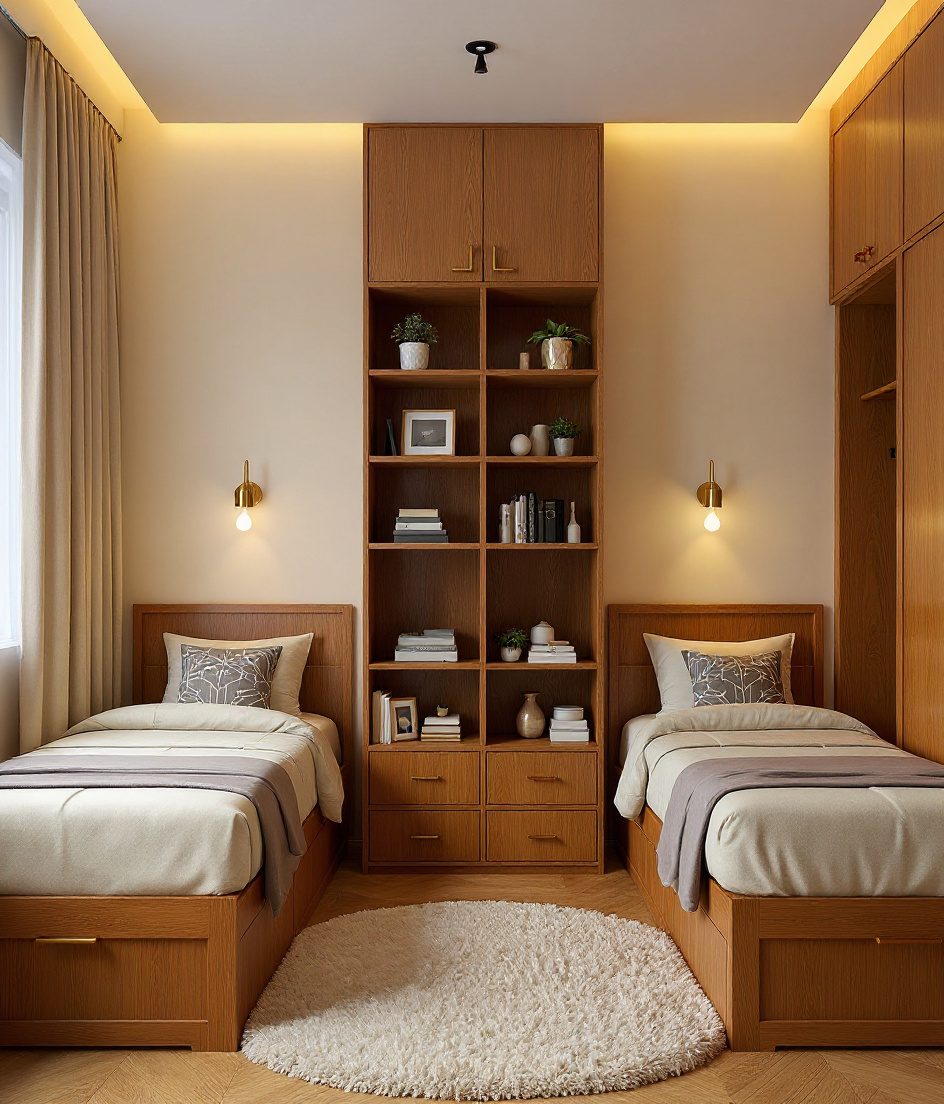 Sage-Brass Twin-Bed Shared Room — Warm Oak