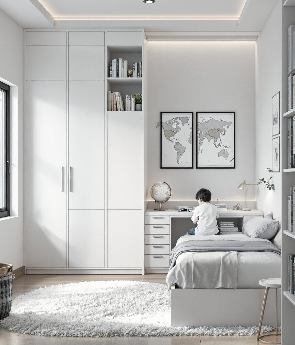 Walnut-Classic Scholar Kids Room — White Modern