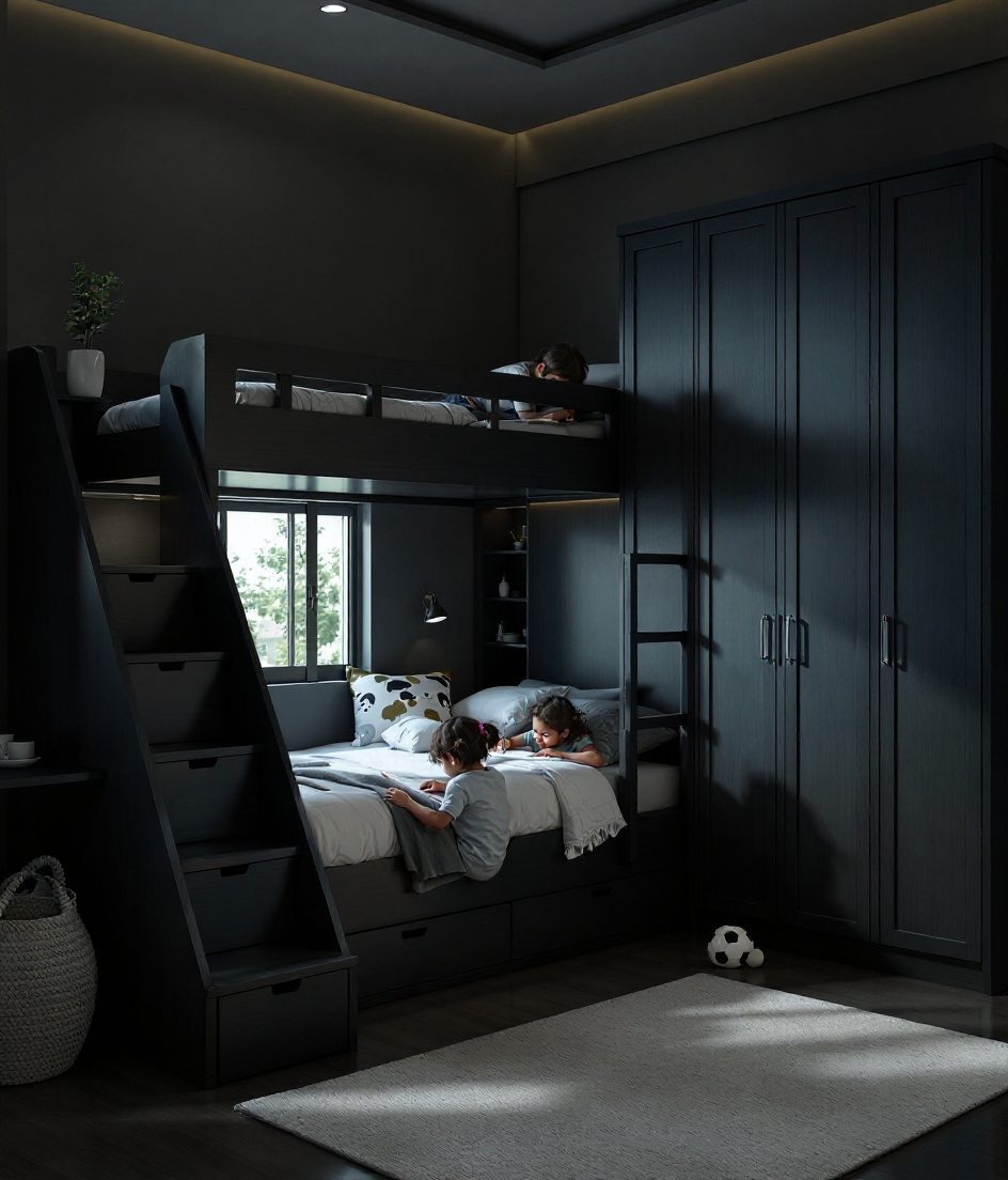 Warm-Oak Bunk Siblings Room — Charcoal Minimal