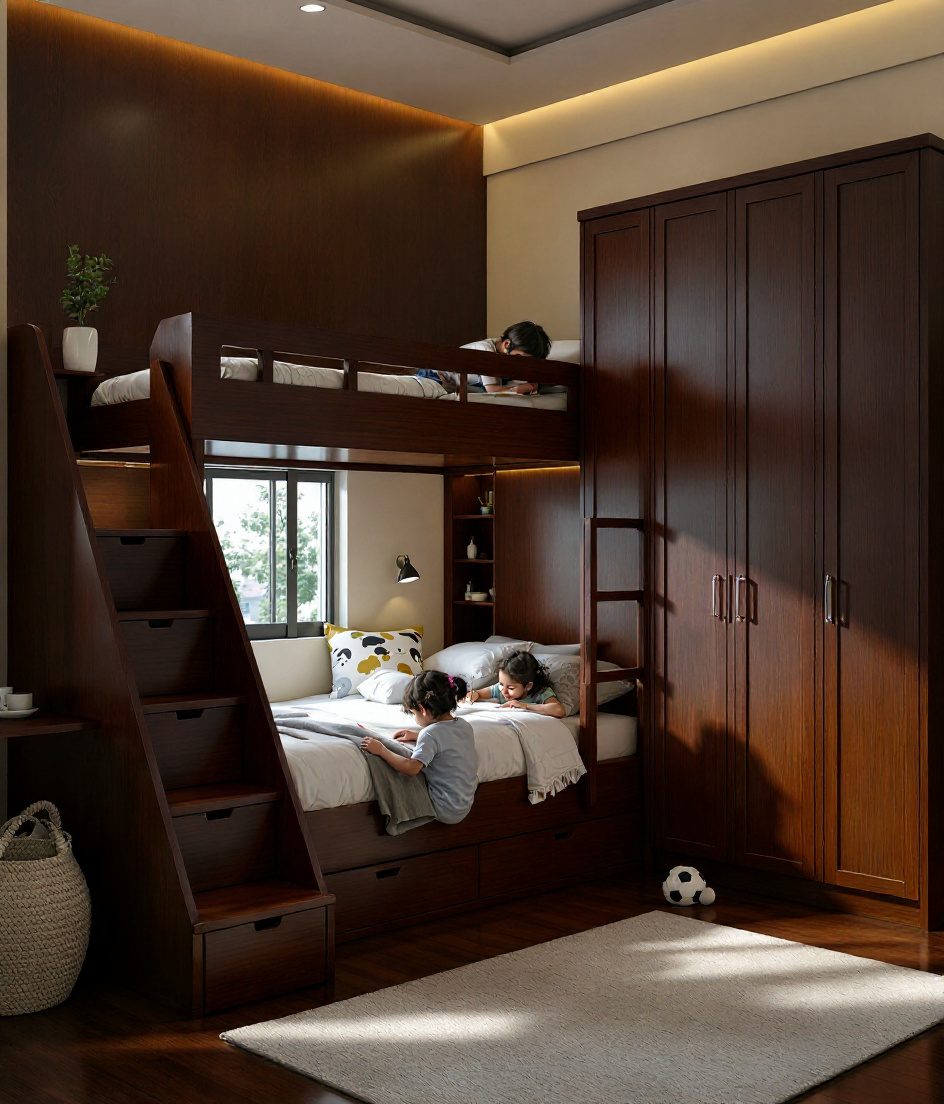 Warm-Oak Bunk Siblings Room — Walnut Classic